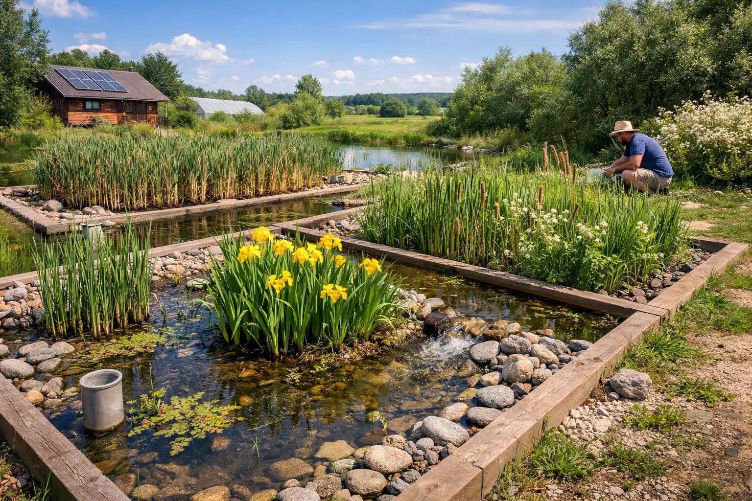 Système de phytoépuration et assainissement écologique naturel par filtration des eaux usées avec plantes aquatiques
