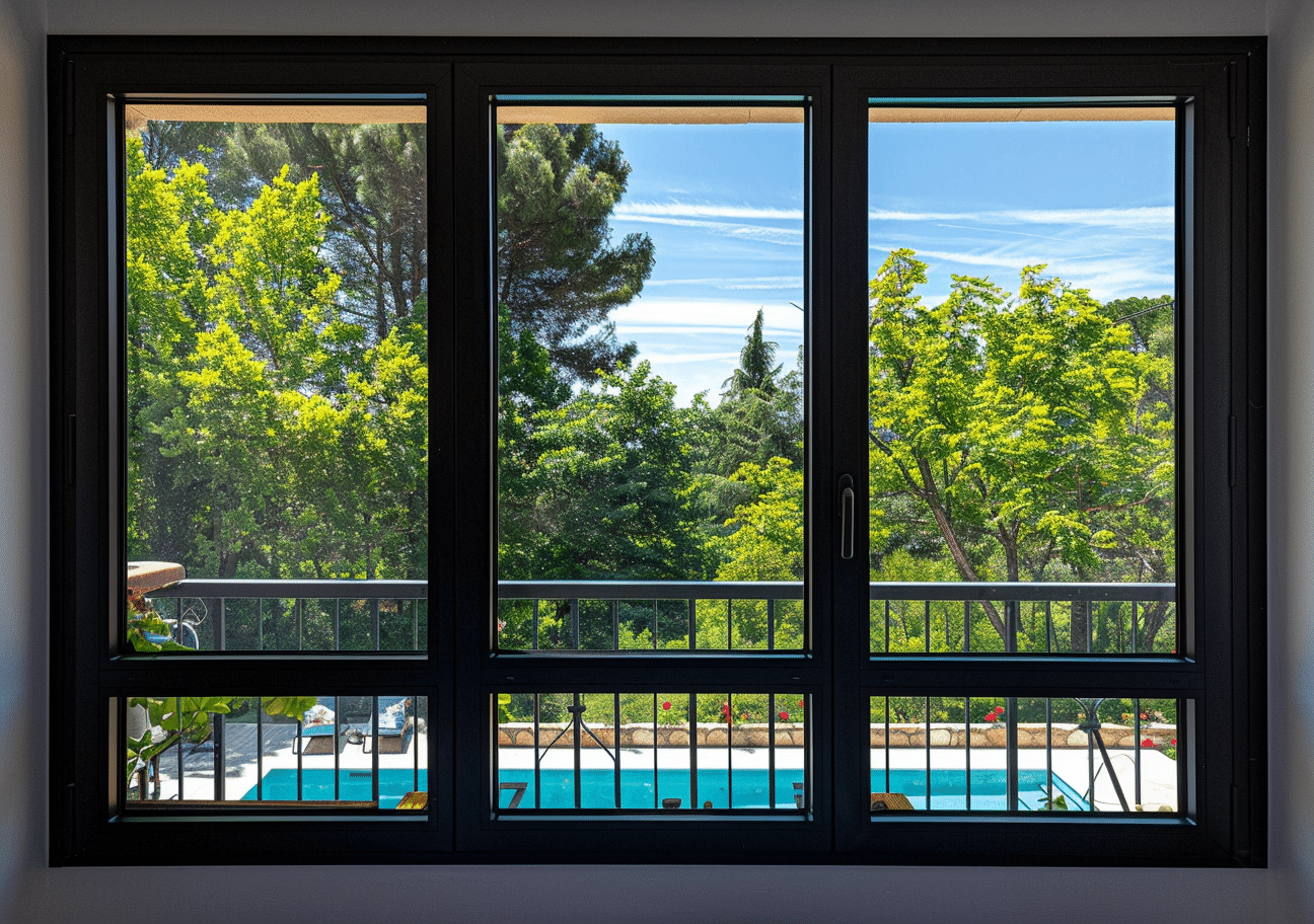 Une grande fenêtre baie vitrée noire, en PVC, avec une durée de vie allant jusqu'à 50 ans