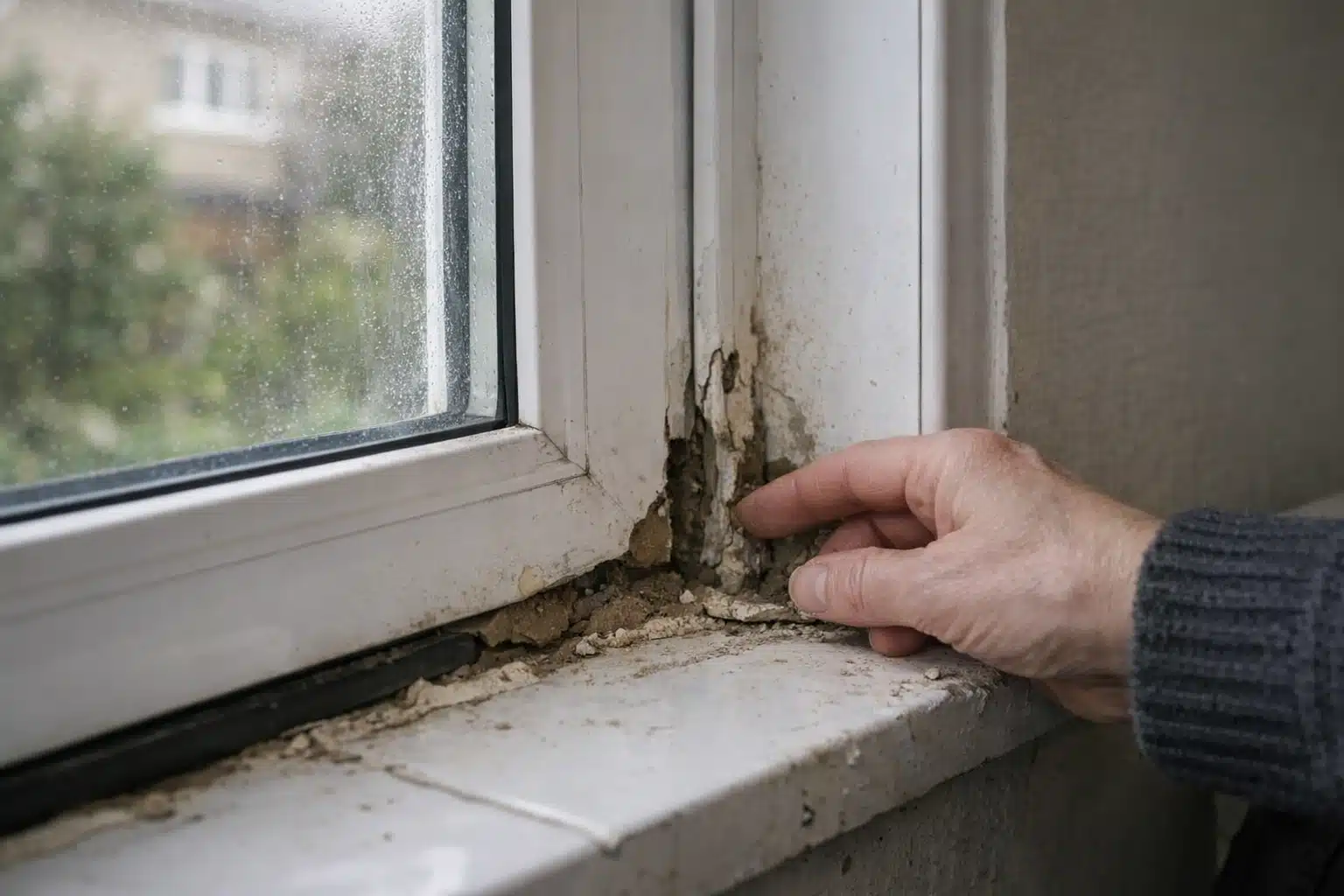 Moitié de mur humide et doigt touchant le muret.