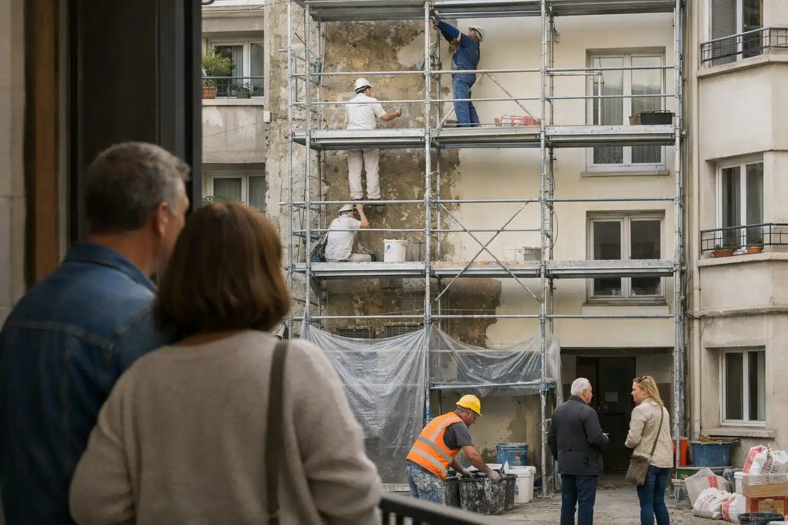 Ouvriers sur échafaudage rénovant la façade, passants observant
