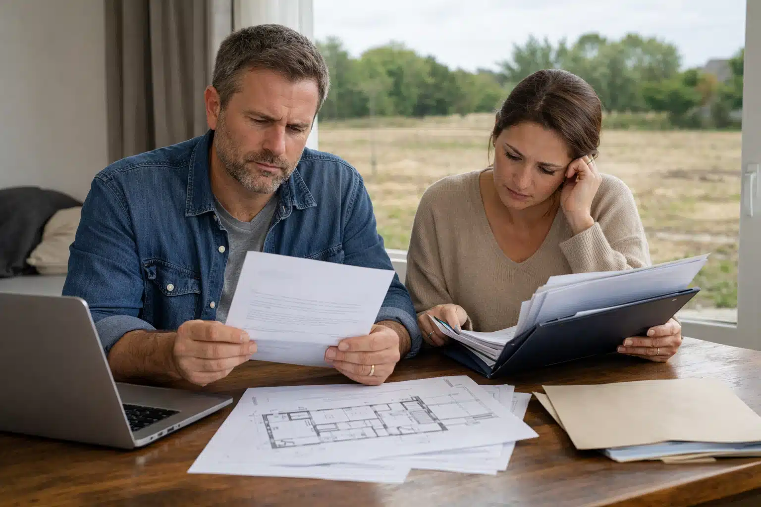 Couple concentré examinant des documents et un plan de maison