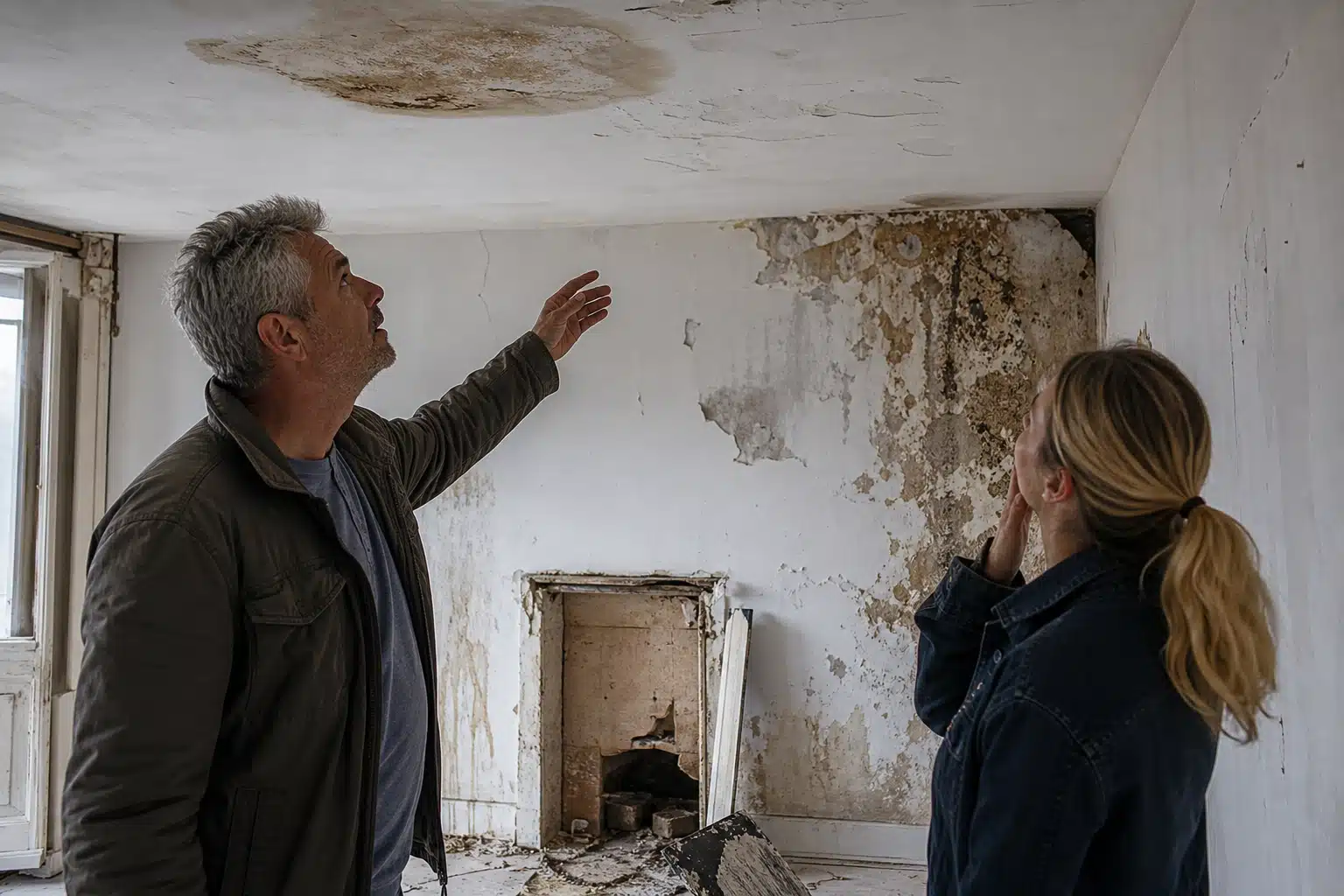 alt="Deux personnes inspectant moisissure et dégâts d'humidité"