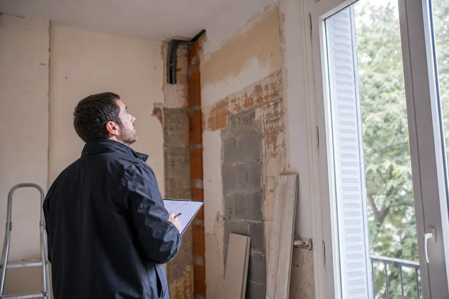 Technicien inspectant un mur intérieur en rénovation