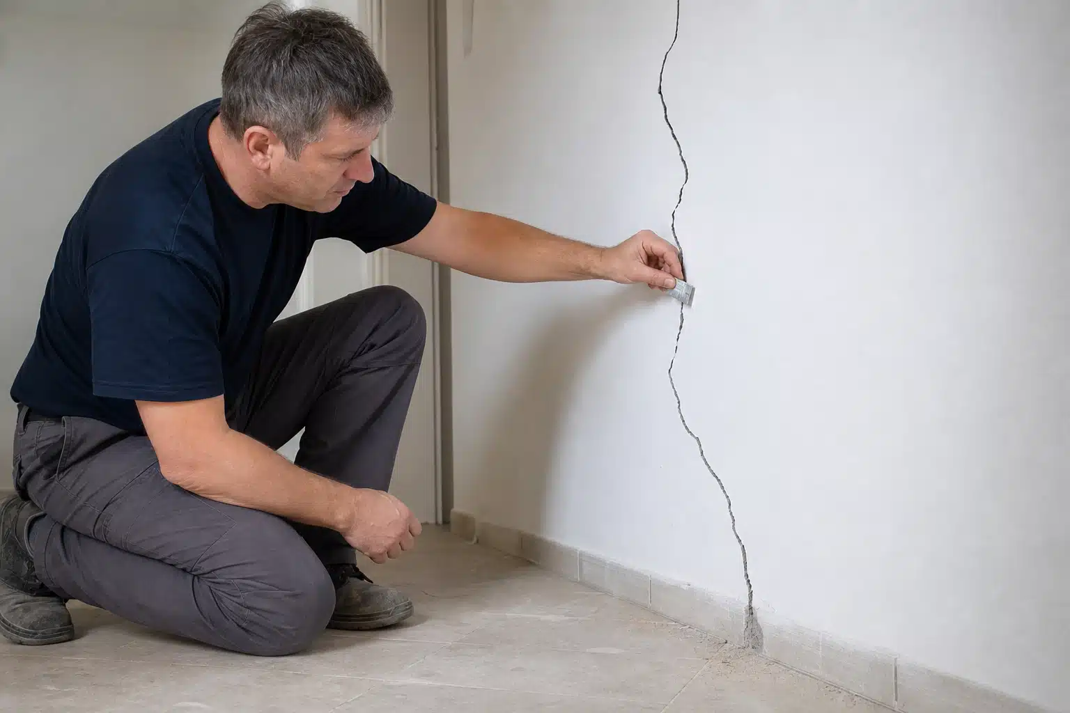Personne agenouillée montrant une fissure verticale sur le mur